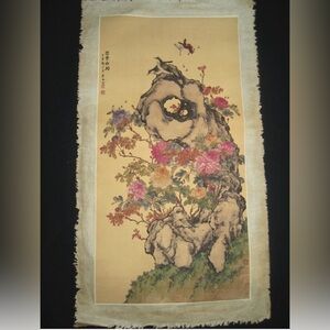 Old Antique Chinese Painting Scroll about Flowers on Rice paper By Ju Lian
